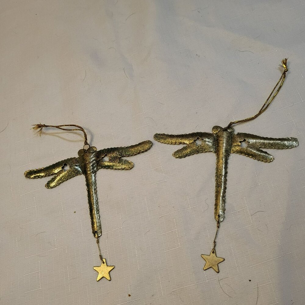 Set Of 2 Handcrafted Metal Dragonfly Ornaments With Star Accents And Hanging Str